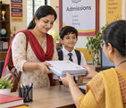 Parent submitting admission documents at the school office