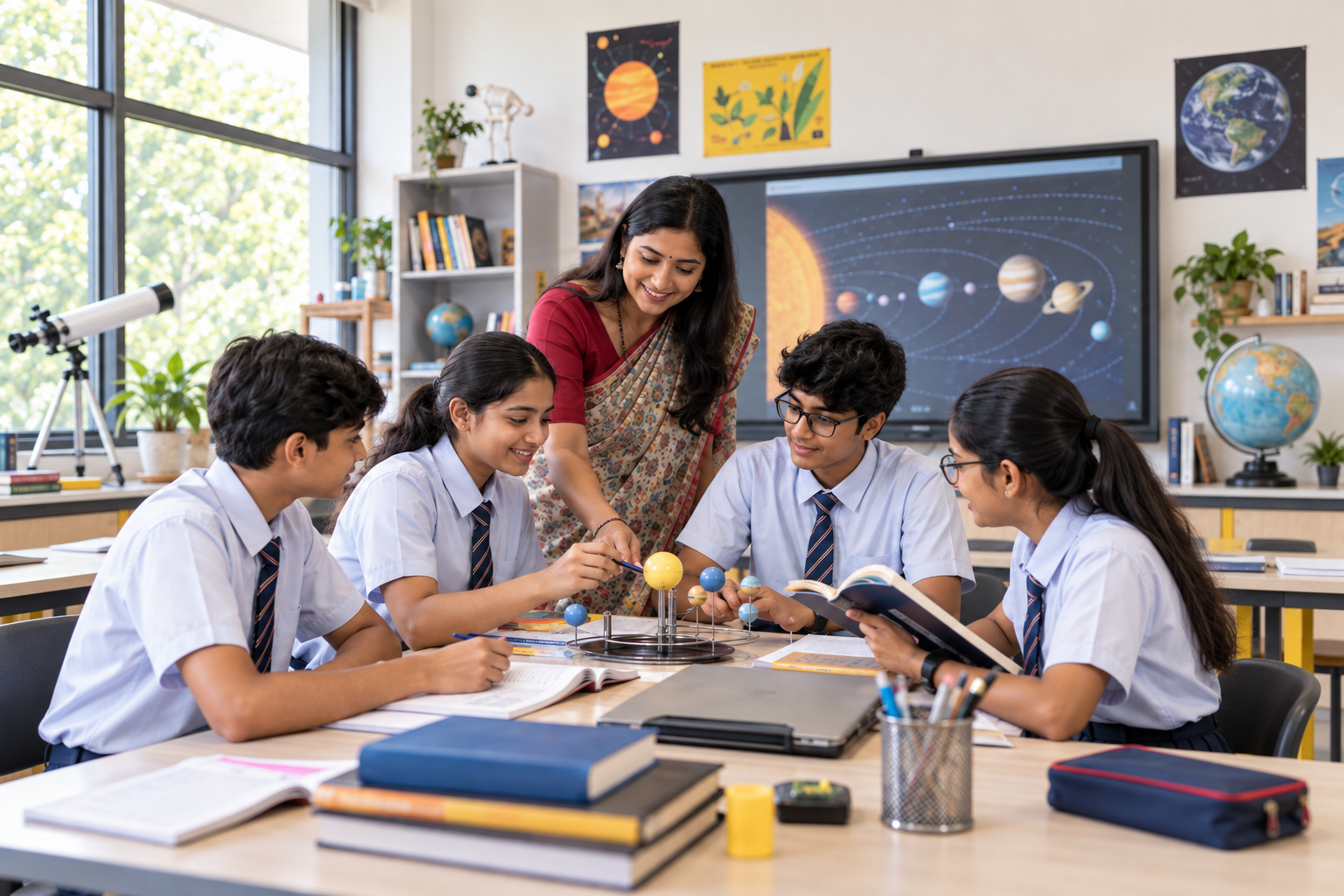 Dini International School students learning with their teacher